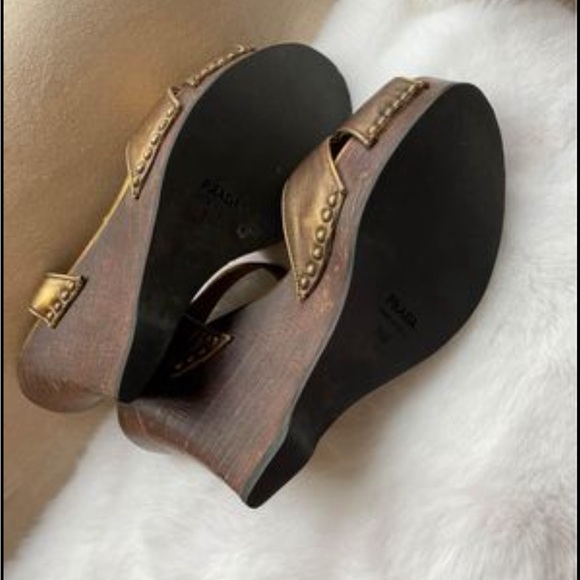Authentic Prada Gold/Bronze Metallic Wooden Wedge Heels Sandals 36.5 / 6 - Picture 4 of 5